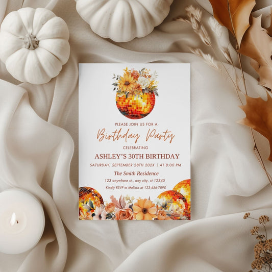 Editable Floral Fall Disco Ball Birthday Party Invitation Template