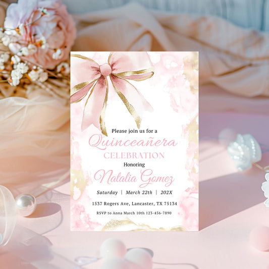 Elegant Pink Bow Quinceañera Birthday Invitation