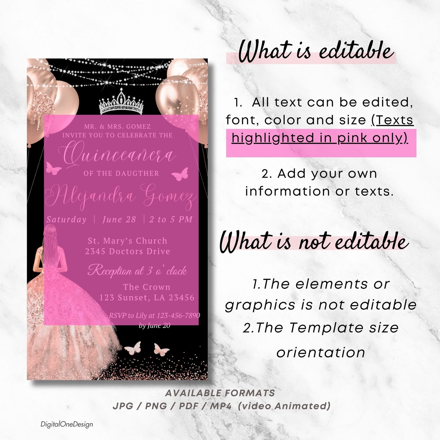 digital princess invitation with rose gold accents Editable