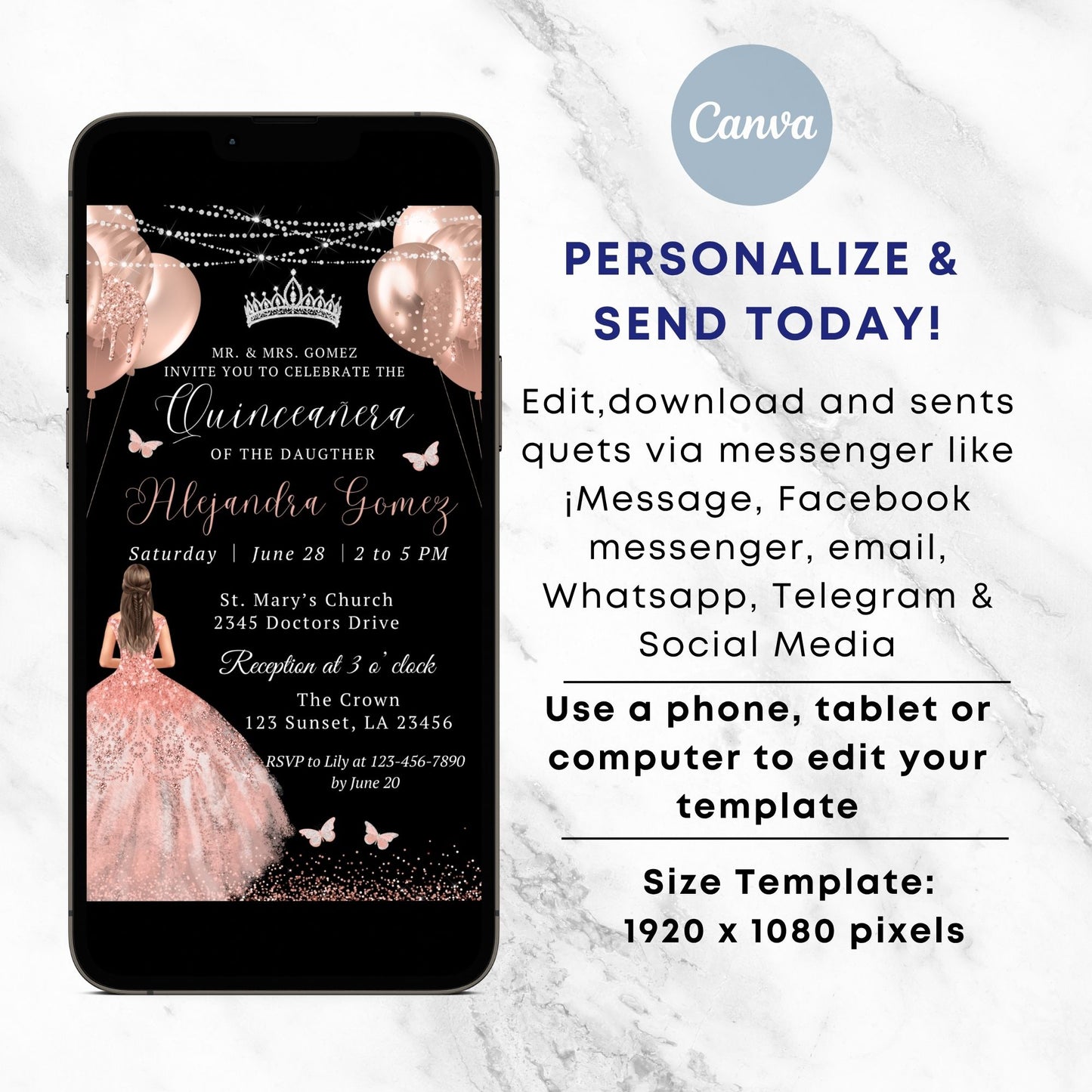 elegant rose gold quinceañera digital birthday invitation
