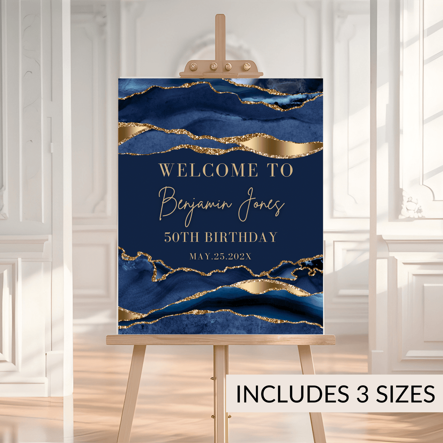 Editable Blue Gold 50th Birthday Welcome Sign Template