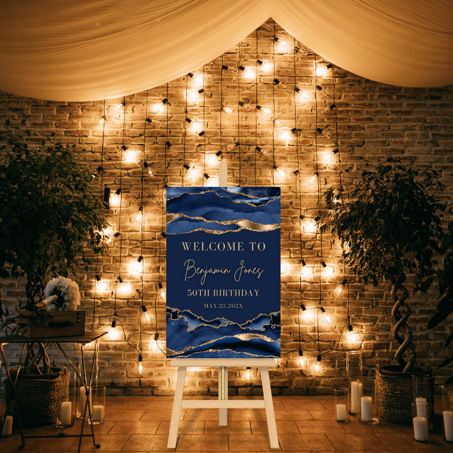 Blue Gold Glitter Welcome Sign for Entryway decoration