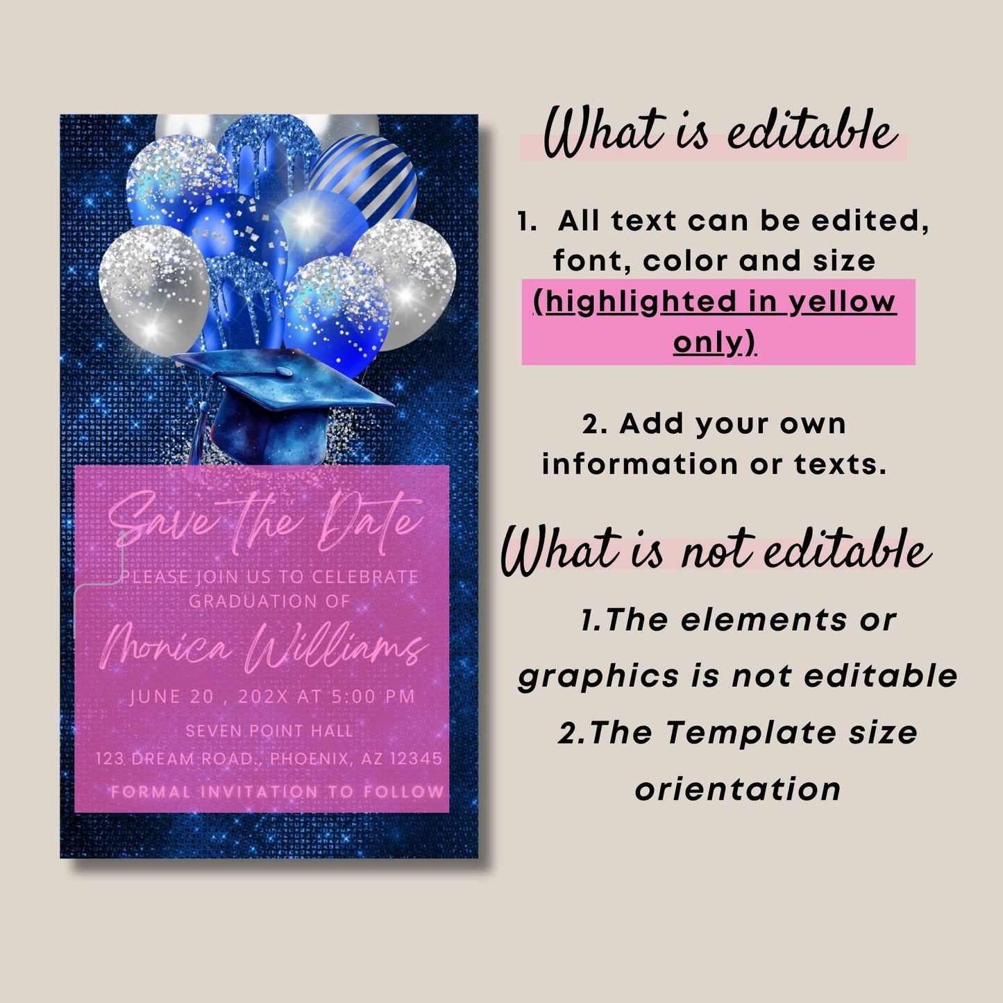 Royal Blue Glitter Graduation Save the Date Video Invite