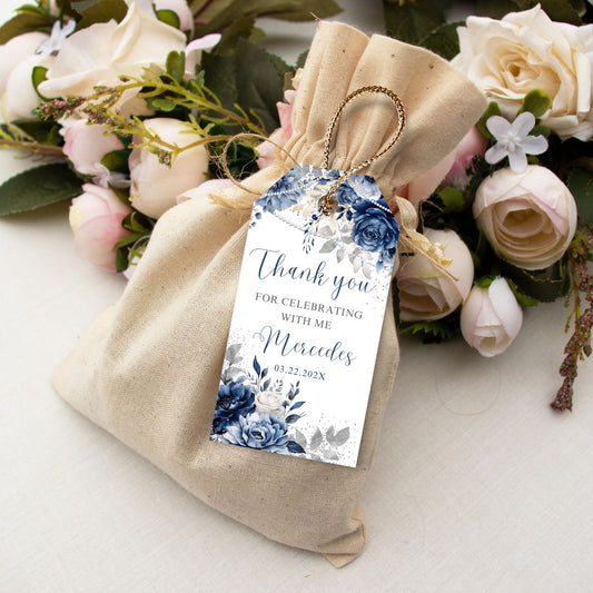 Customizable Blue Navy Floral Thank You Tags