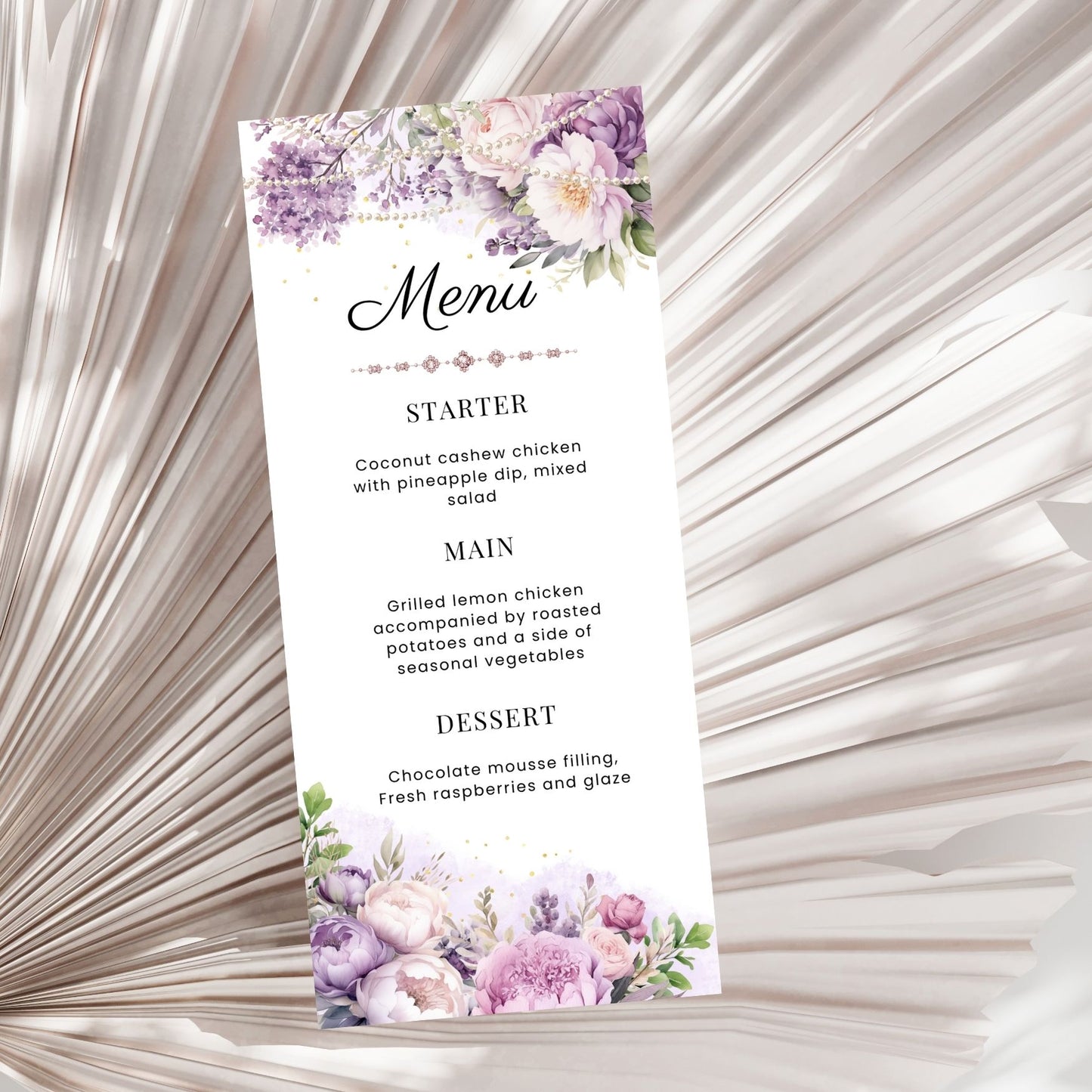 Editable Menu card with Purple floral design on a textured background