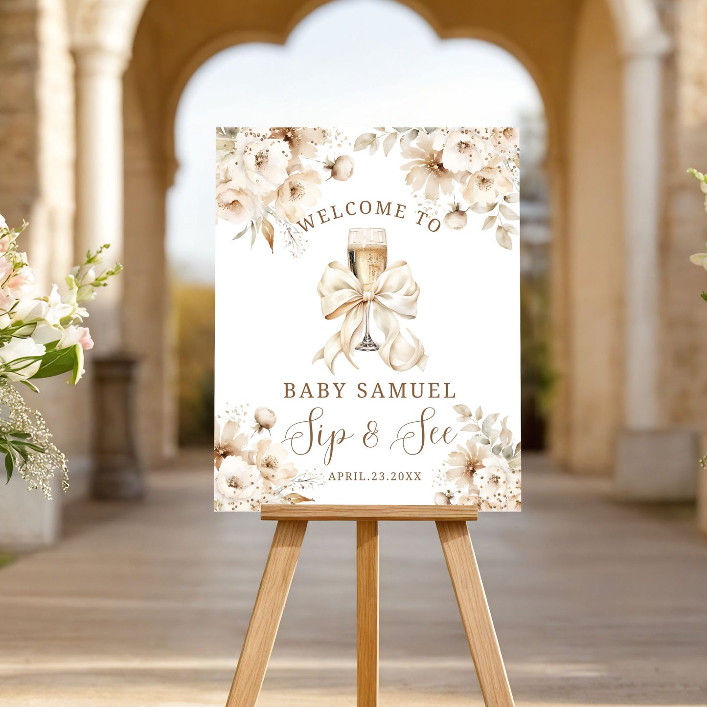 Elegant Boho Floral Champagne Baby Welcoming Sign