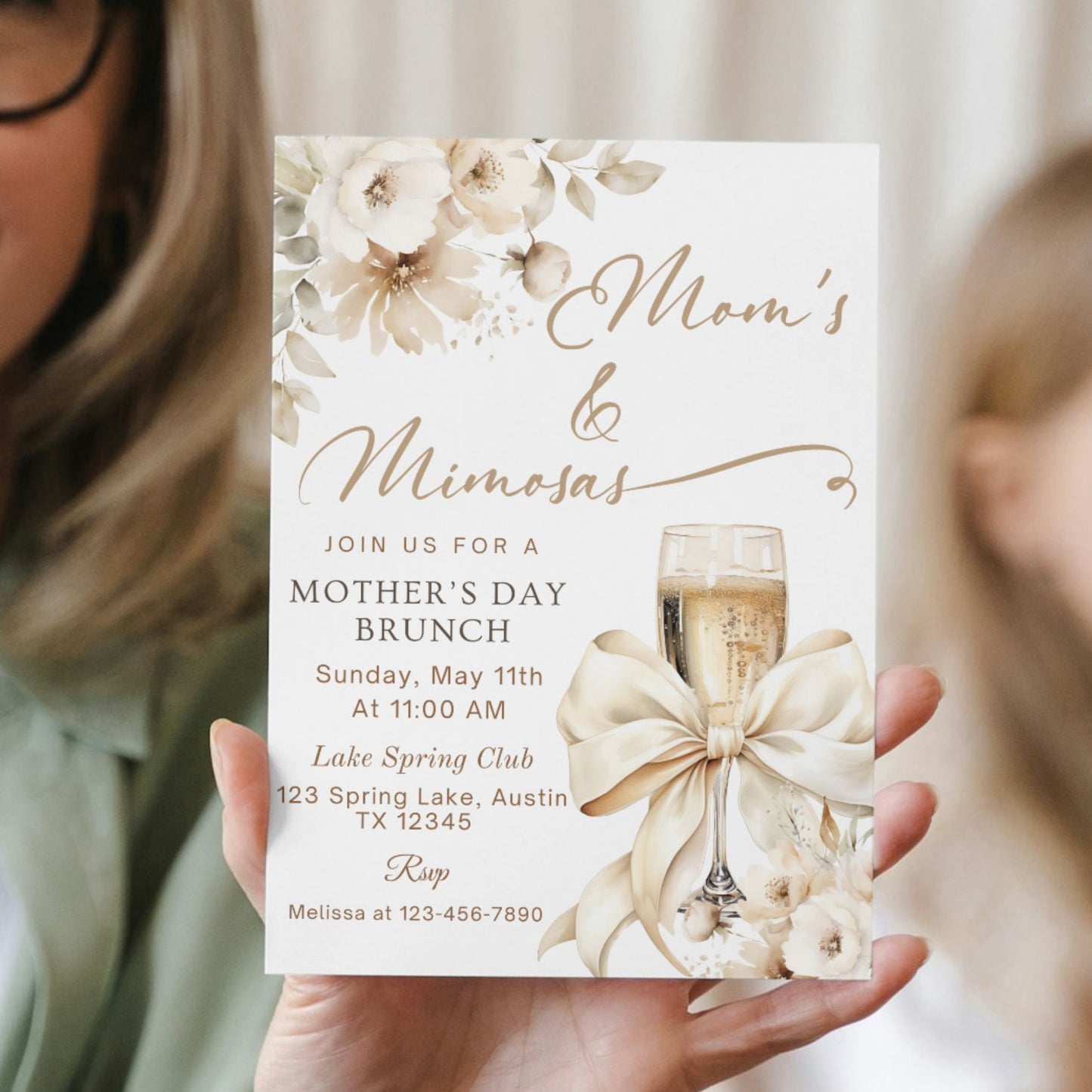 Elegant Mother's Day Brunch Invitation with Bow & Champagne