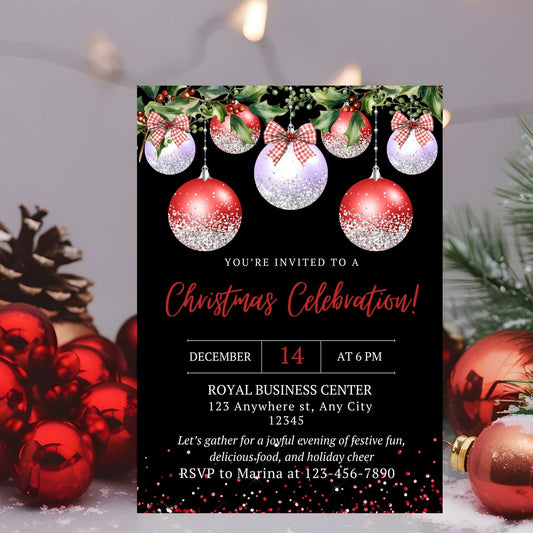 Red and Silver Christmas celebration invitation with festive ornaments on a black background