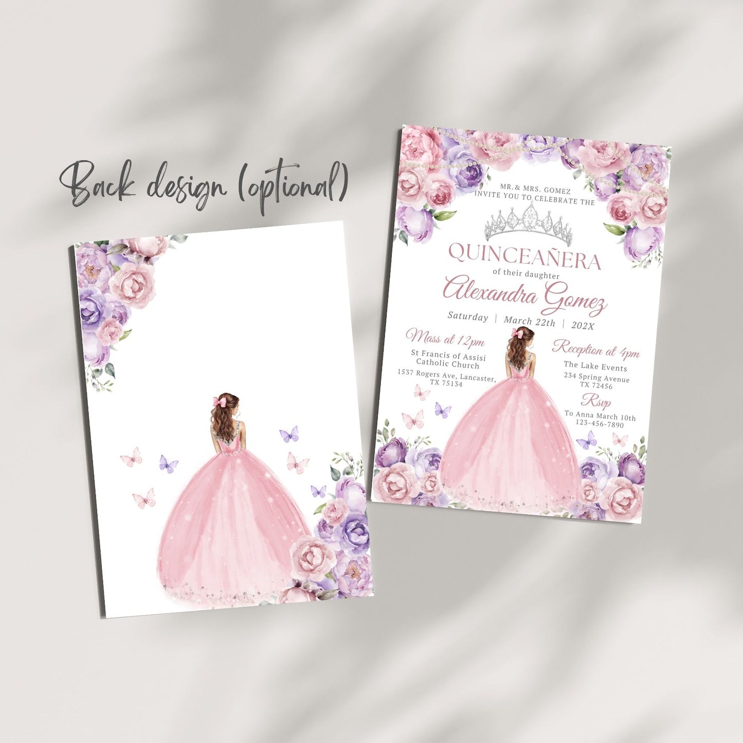 Quinceanera invitation with pink dress and floral design on a gray background