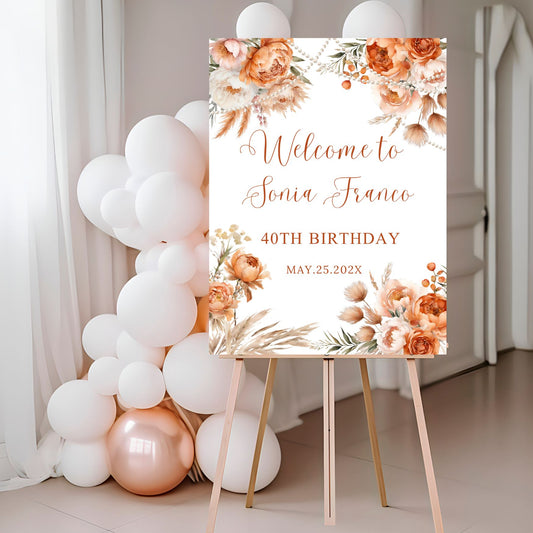 Decorative sign with coral floral design and balloons for a birthday celebration.