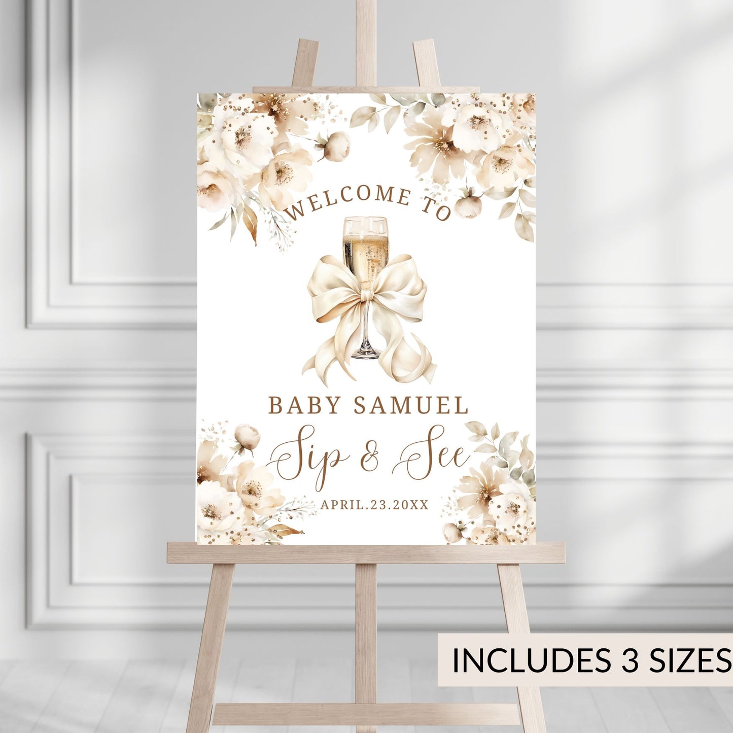 Elegant Boho Floral Champagne Baby Welcoming Sign