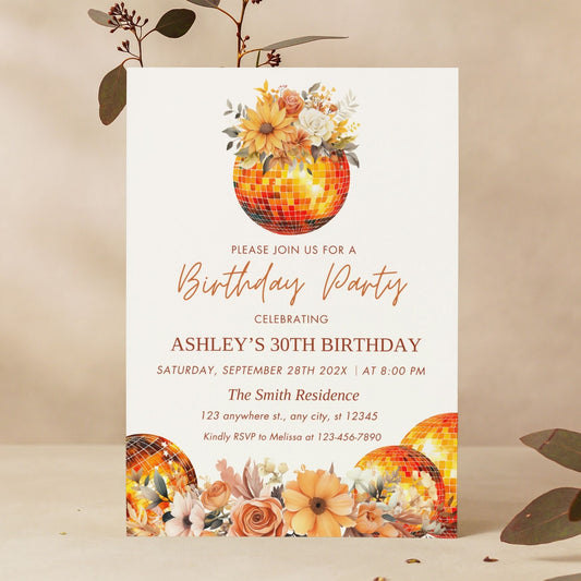 Editable Floral Disco Ball Birthday party invitation with disco ball and floral design on a beige background