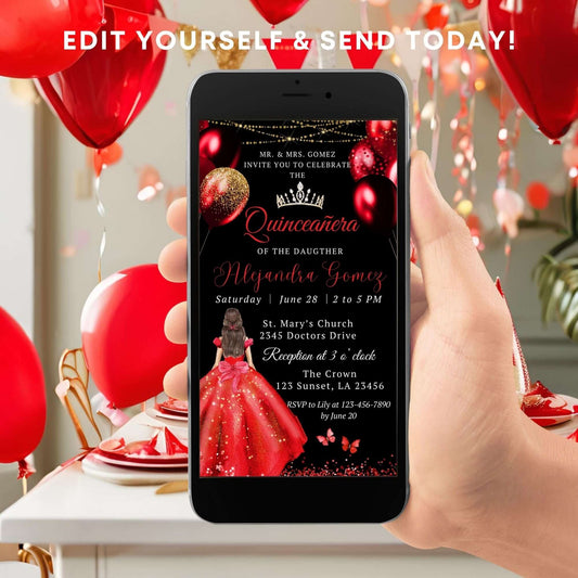 Elegant Red and Gold Quinceanera Birthday Invitation