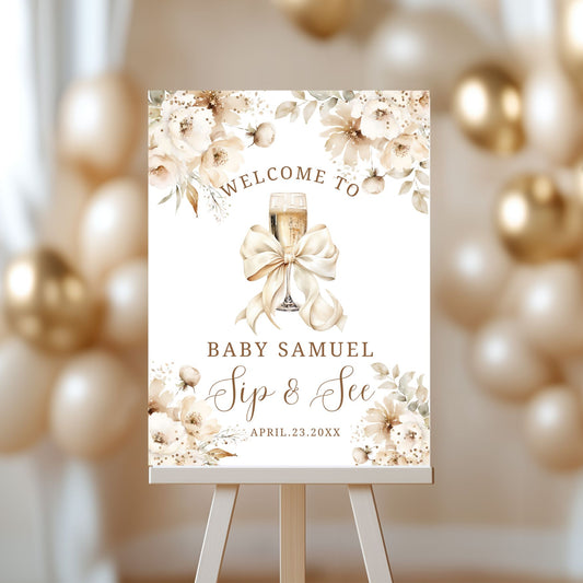 Elegant Boho Floral Champagne Baby Welcoming Sign