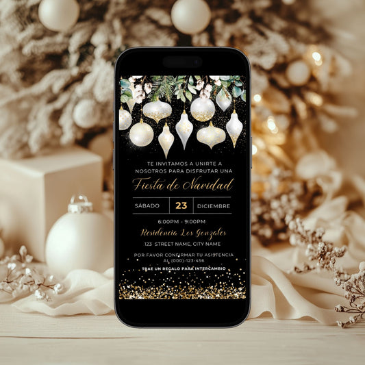 Elegant White Gold Christmas Ornaments Invitation displayed on a smartphone with festive decorations.