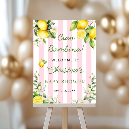 Pink Citrus Ciao Bambina Baby Shower Welcome Sign