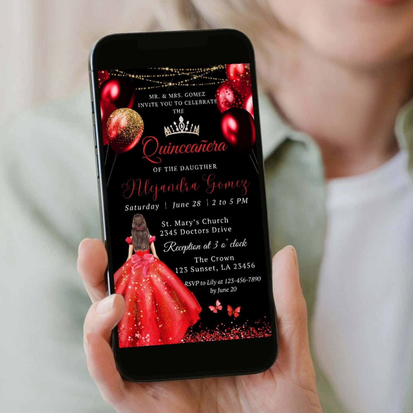Red and Gold Mis Quince Invitation