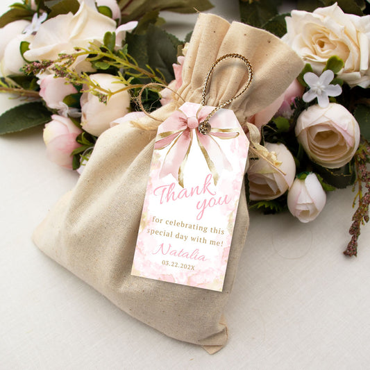 Elegant Coquette Pink Gold Bow Thank You Tags