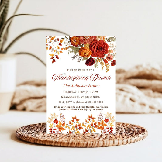 Embroidered effect floral Thanksgiving dinner invitation with floral design on a woven mat