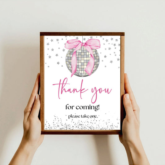 Elegant disco ball sign with pink bow saying 'Thank you for coming!' perfect for parties and celebrations.