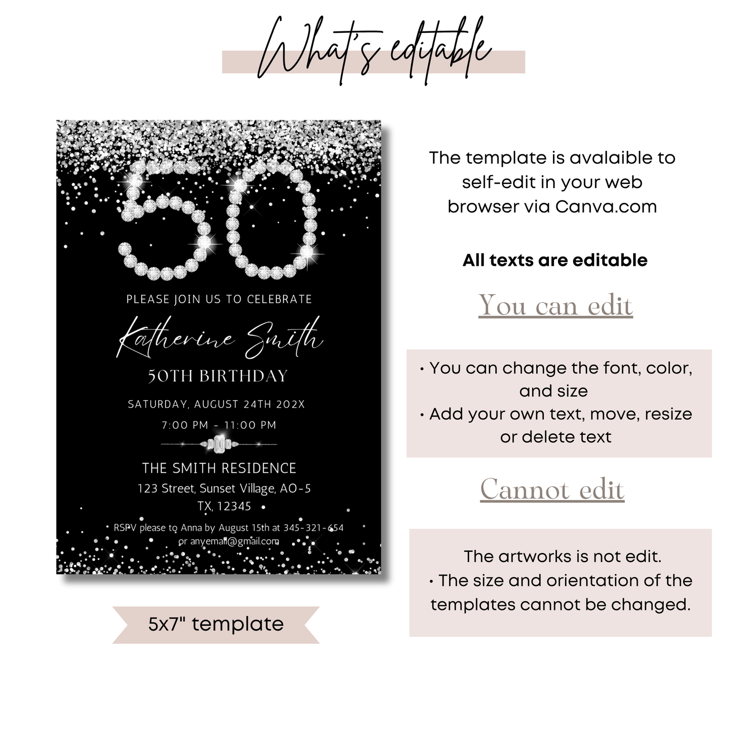 Editable Diamond 50Th Birthday Invite Template