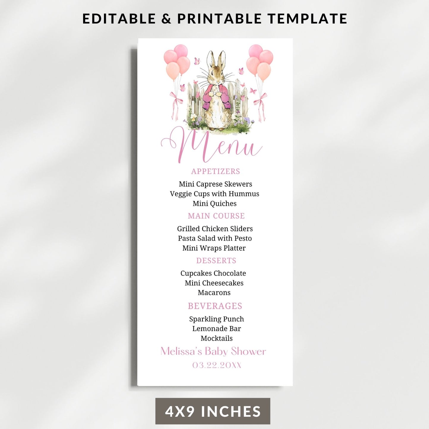 Baby shower menu template with bunny illustration on a white background