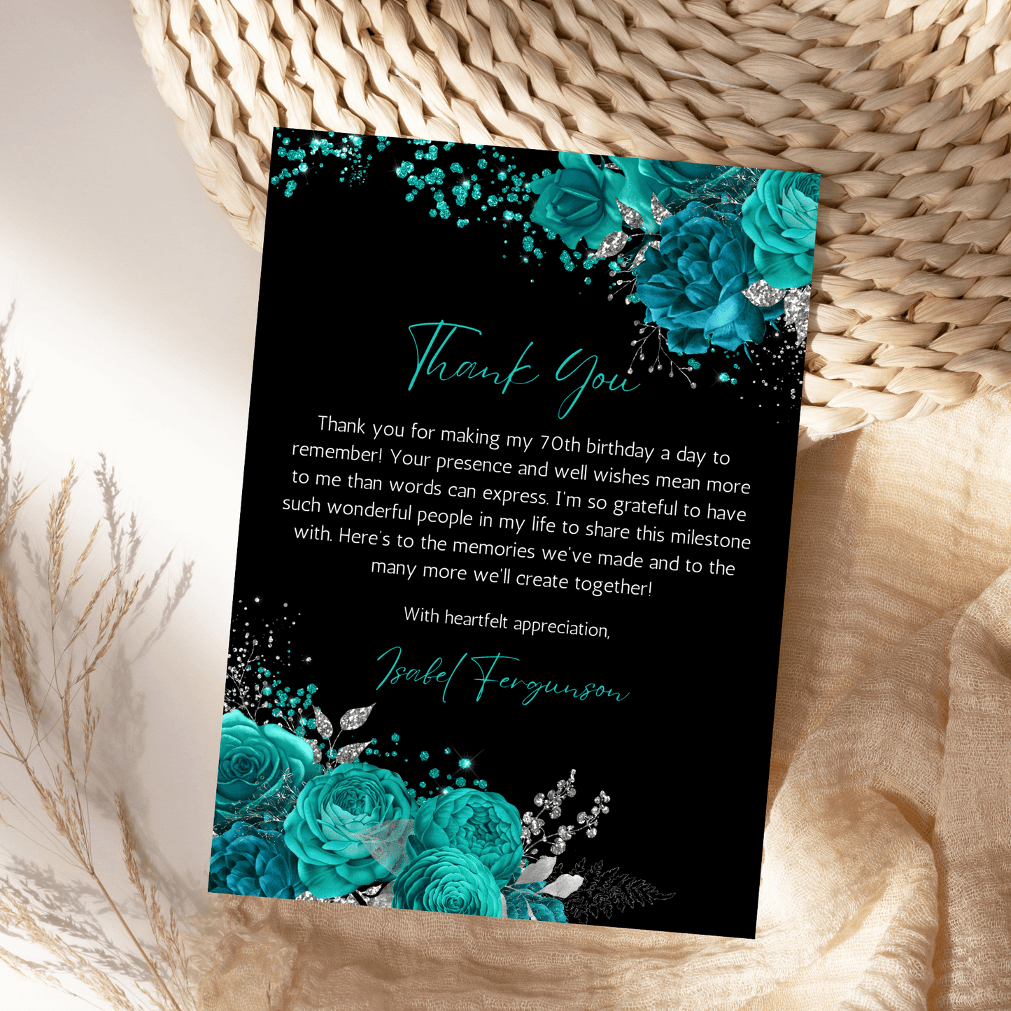 Teal Floral Thank You Card Printable