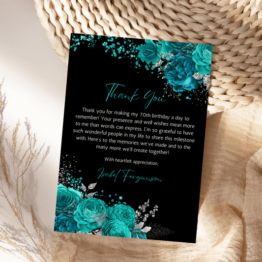 Elegant Floral Teal and Silver Thank You Card Template