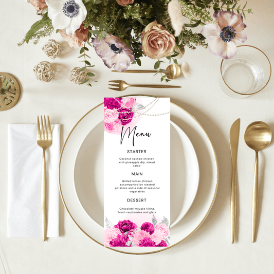 Hot Pink Floral and Pearls Menu Card Template