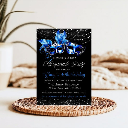 Elegant Royal Blue Masquerade Birthday Party Invitation