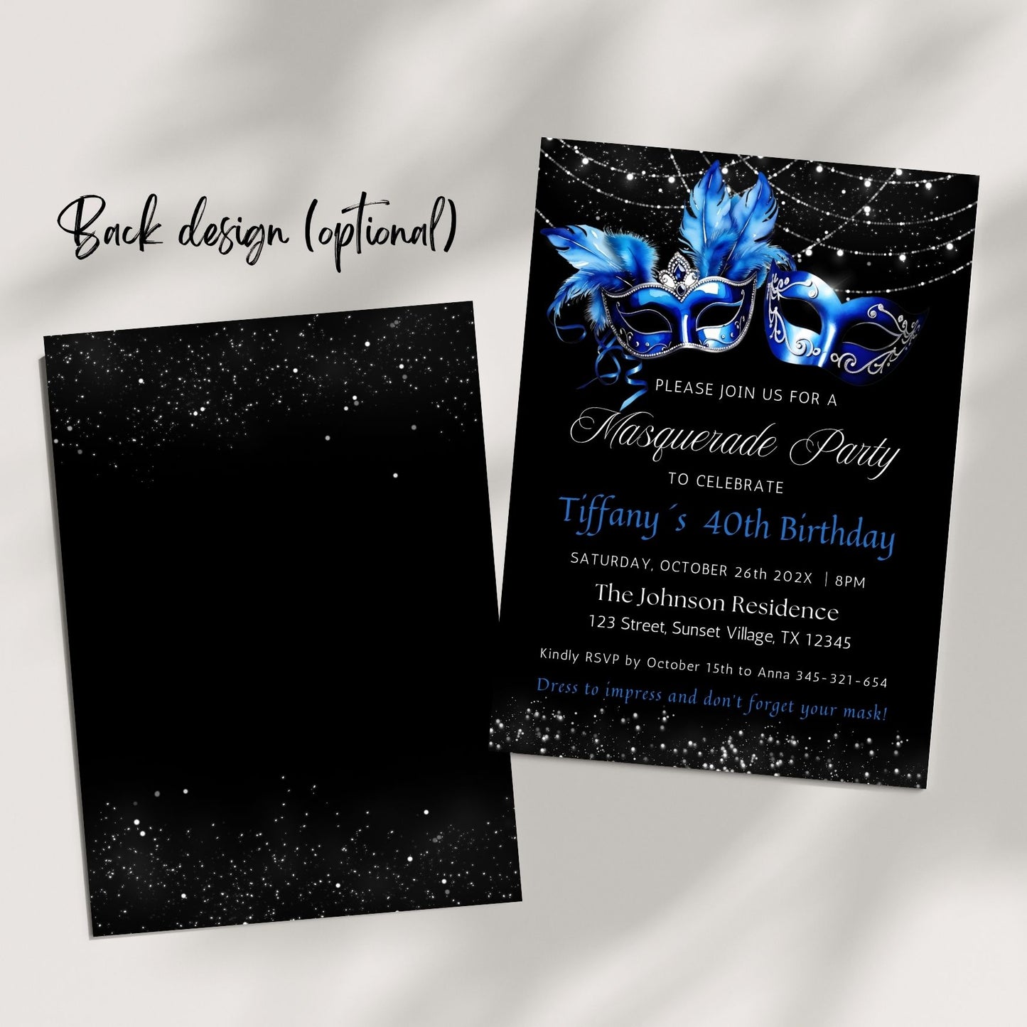 Elegant Royal Blue Masquerade Birthday Party Invitation