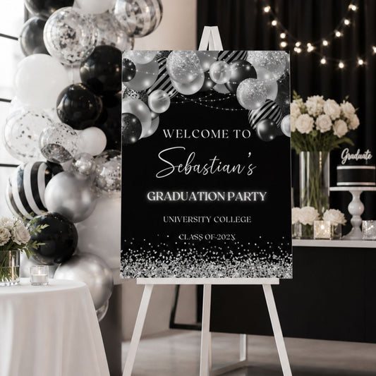 Graduation Party Welcome Sign Black & Silver