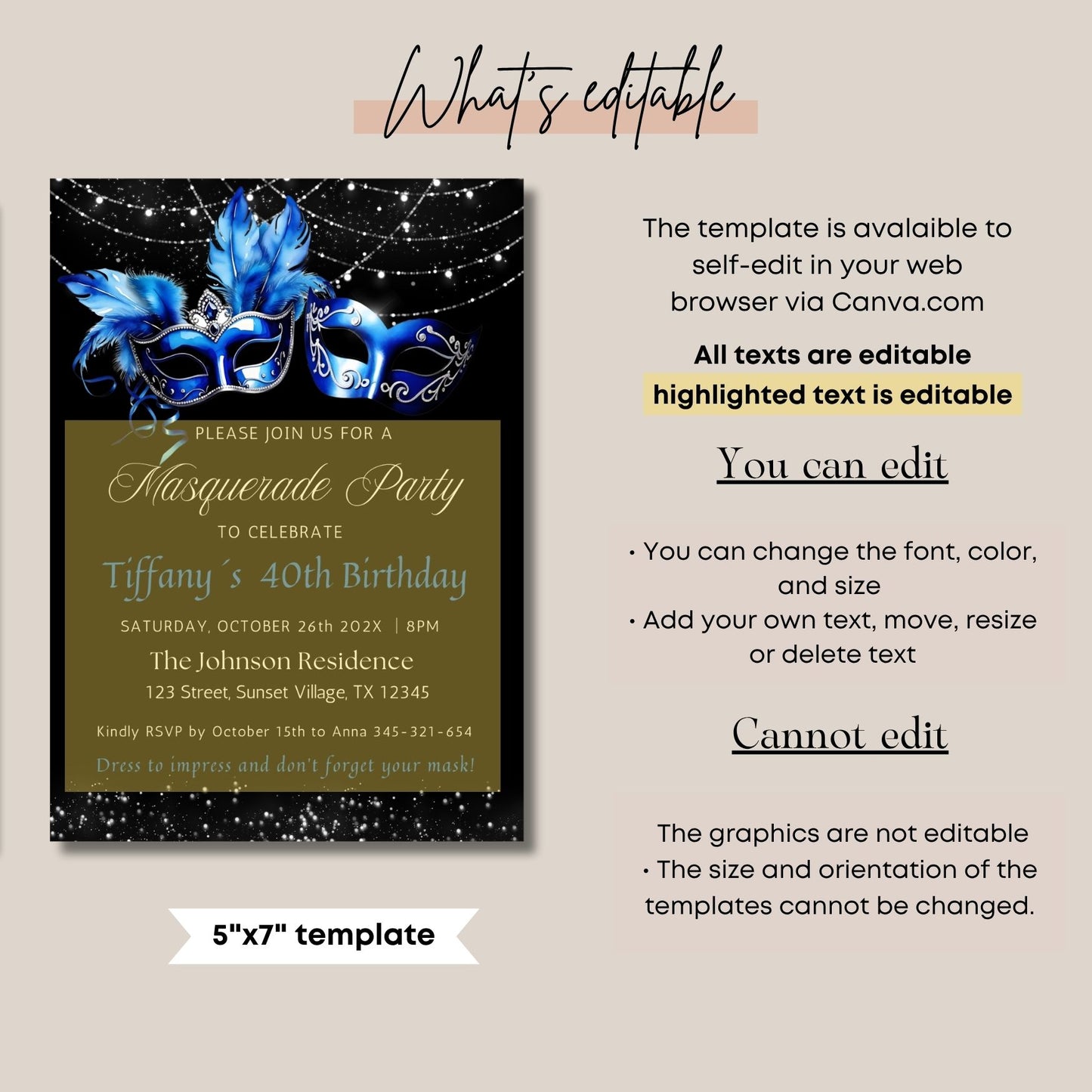 Elegant Royal Blue Masquerade Birthday Party Invitation