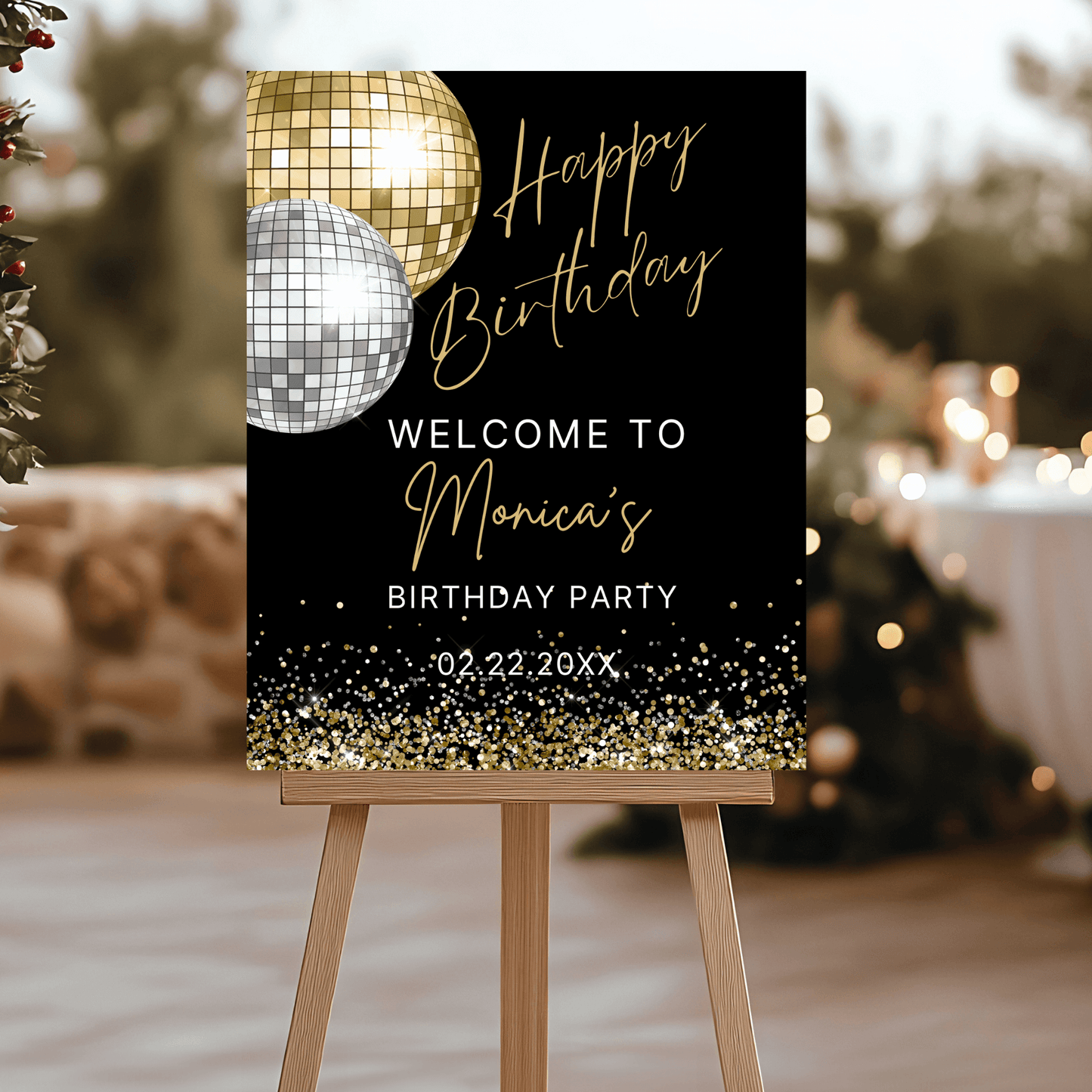 Retro Gold & Silver Disco Ball Happy Birthday Welcome Sign
