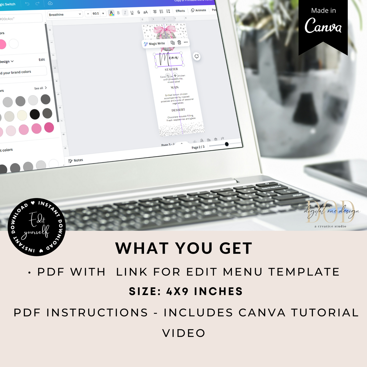 Pink Bow Disco Ball Menu Cards Template