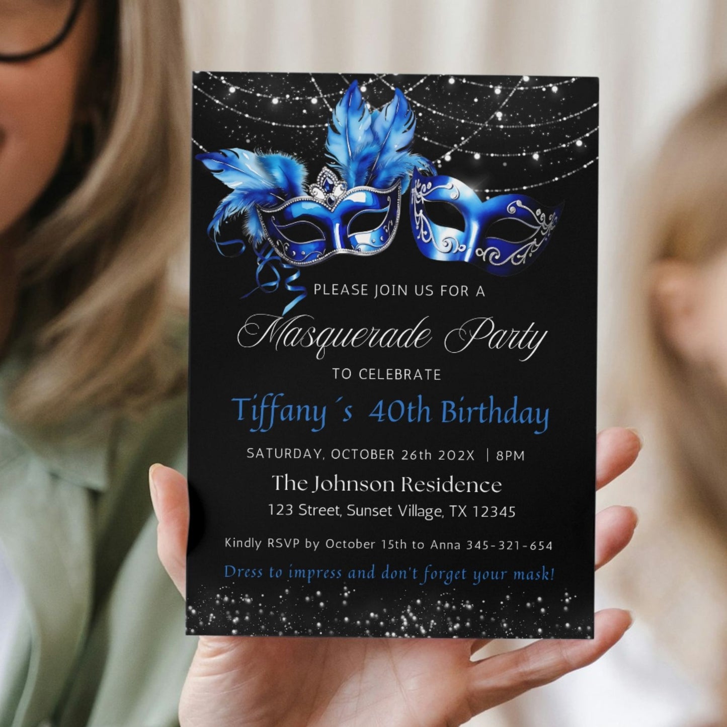 Elegant Royal Blue Masquerade Birthday Party Invitation