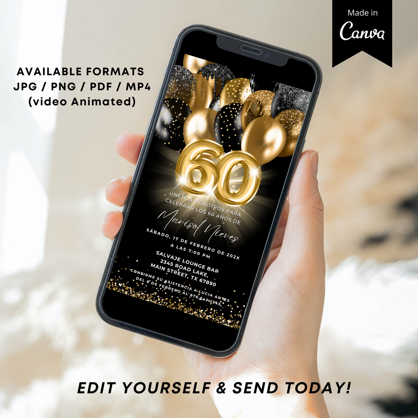 Spanish 60th birthday invitation on smartphone with black and gold design, featuring balloons and editable formats.