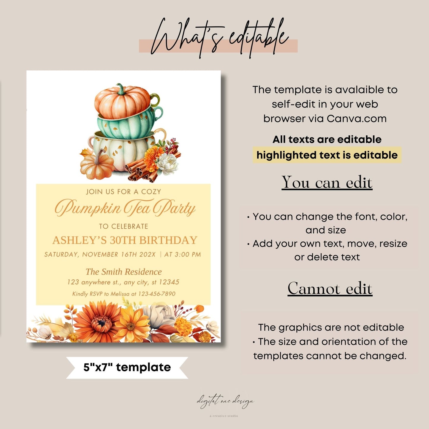 Invitation card with pumpkins and flowers for a pumpkin tea party, displayed on a beige background with text about editable elements.