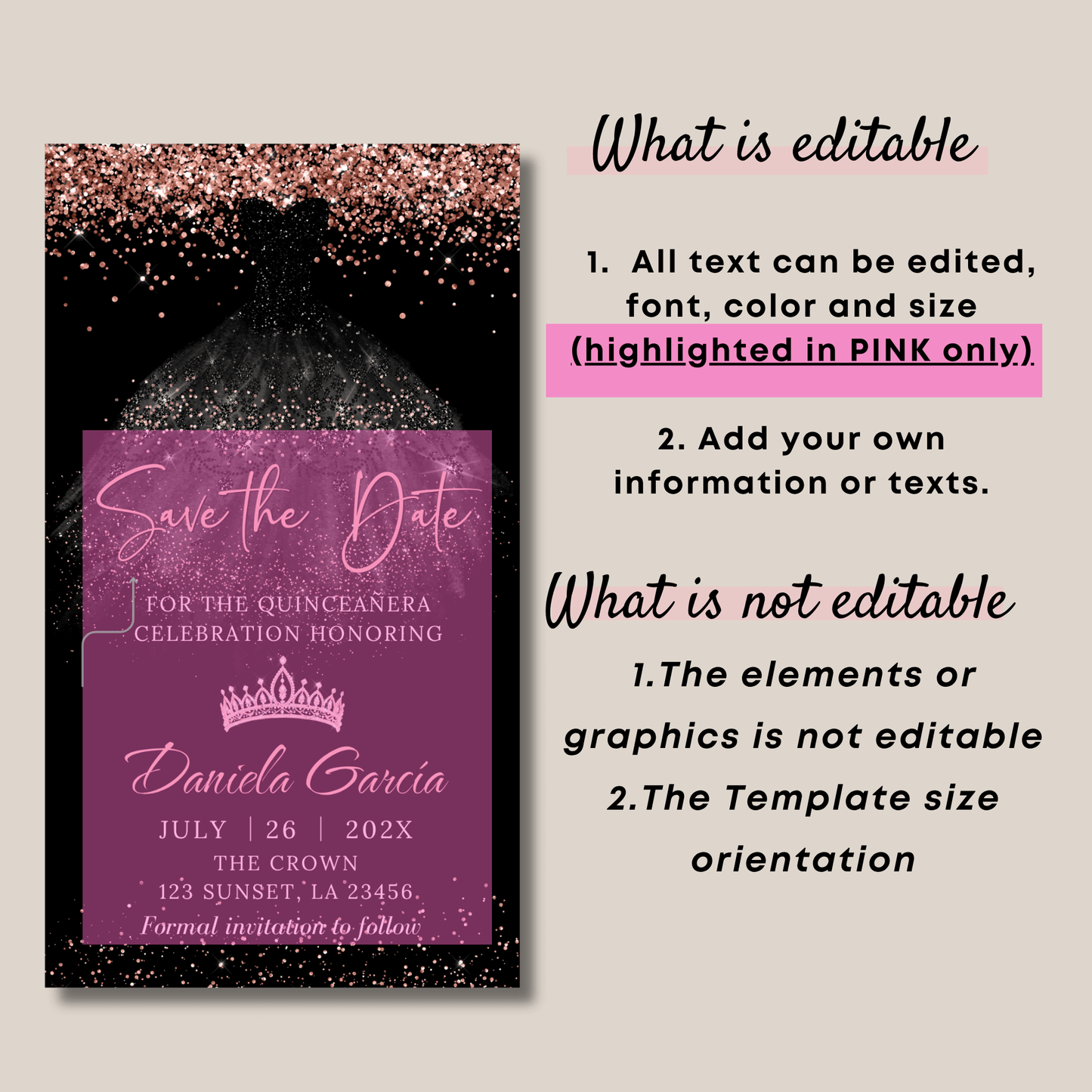 Editable Quinceanera Black and gold Birthday Invitation template