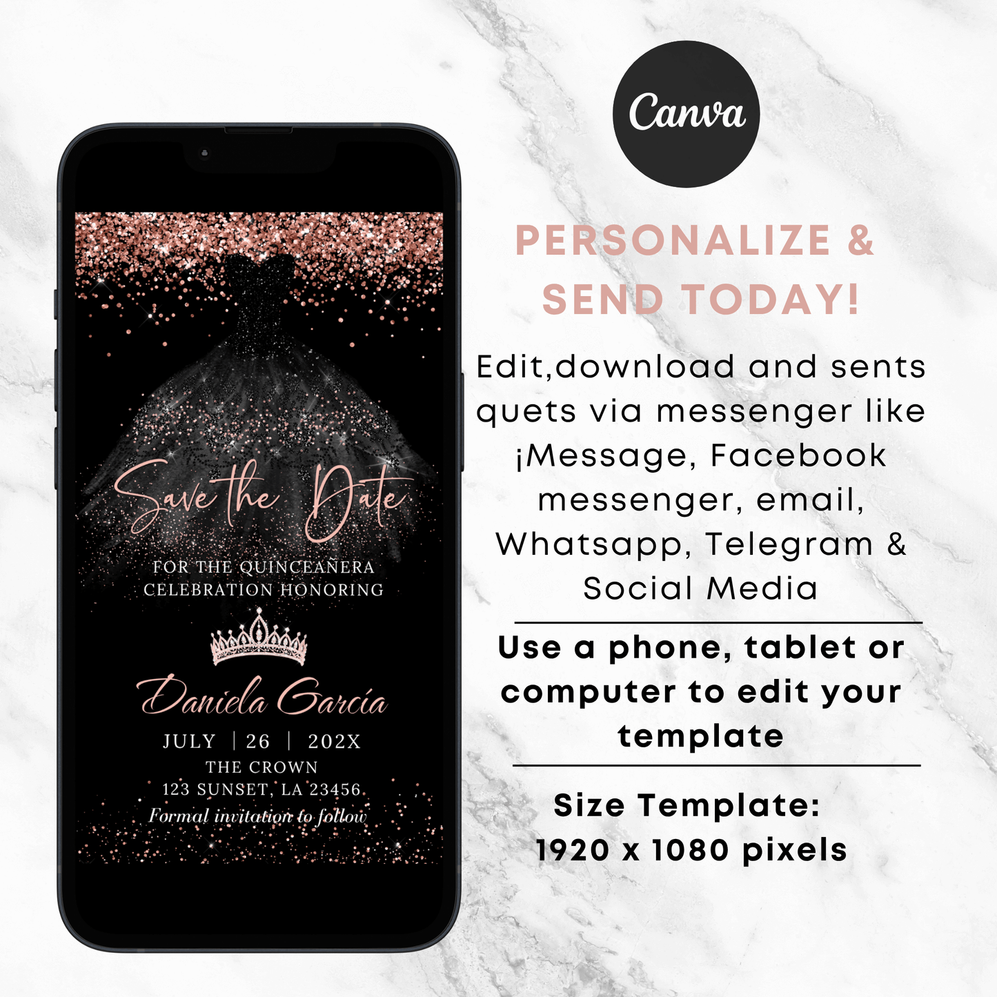 Personalize 15th Birthday Save the date template in Canva