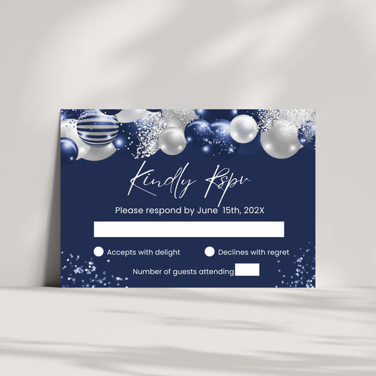 Navy blue Christmas invitation card with white and silver decorations on a white background