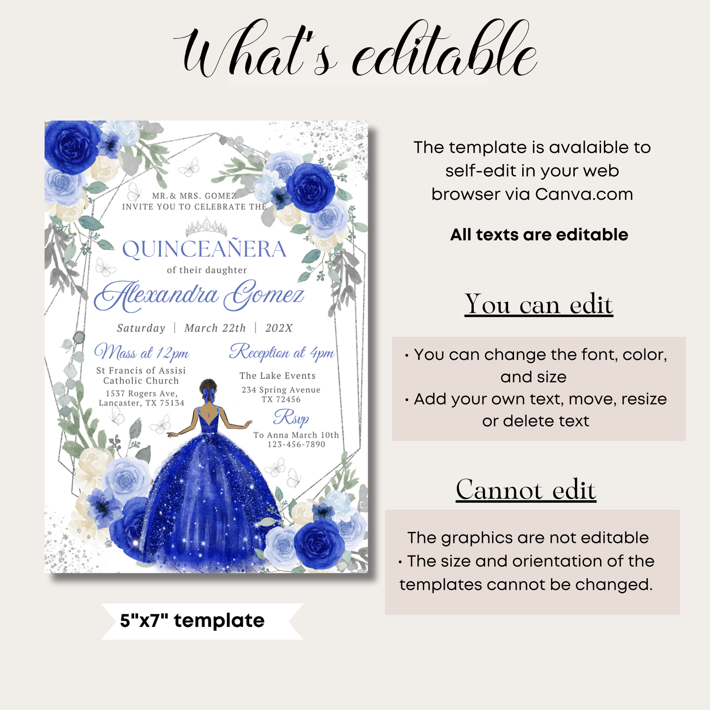 Editable and Printable Royal Blue Dress Princess Quinceanera Invitation