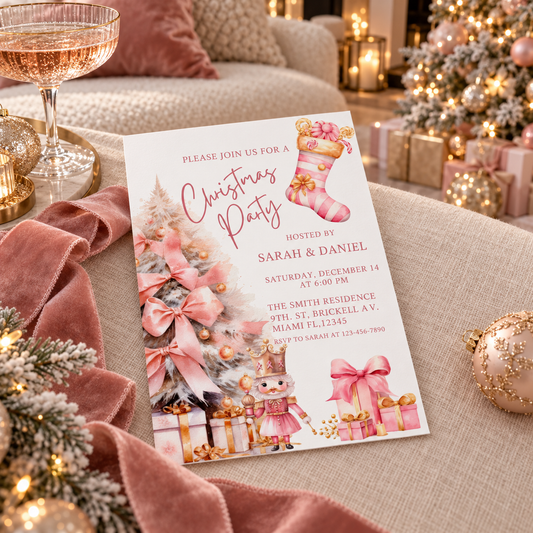 Editable Pink Nutcracker and Tree Christmas Invite template displayed on a festive table with decorations.