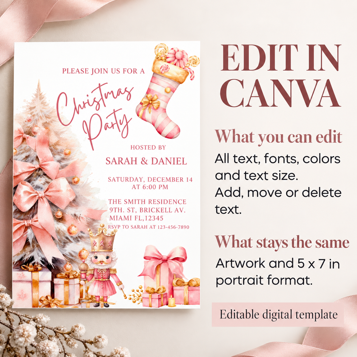 Editable Pink Nutcracker and Tree Christmas Invite template showcasing a festive pastel design with tree and gifts.