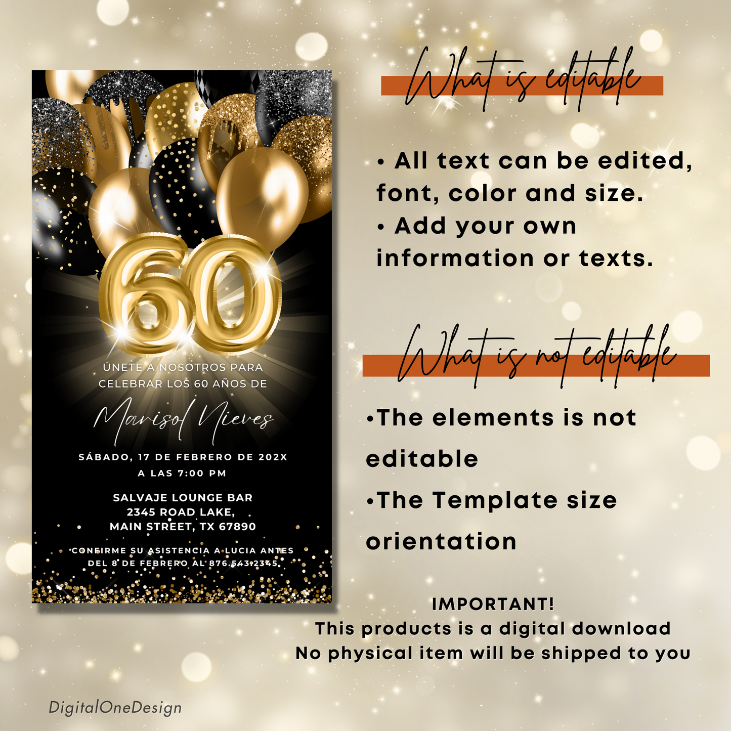 Editable Spanish 60th Birthday Invitation Template with black and gold design, perfect for digital celebrations.