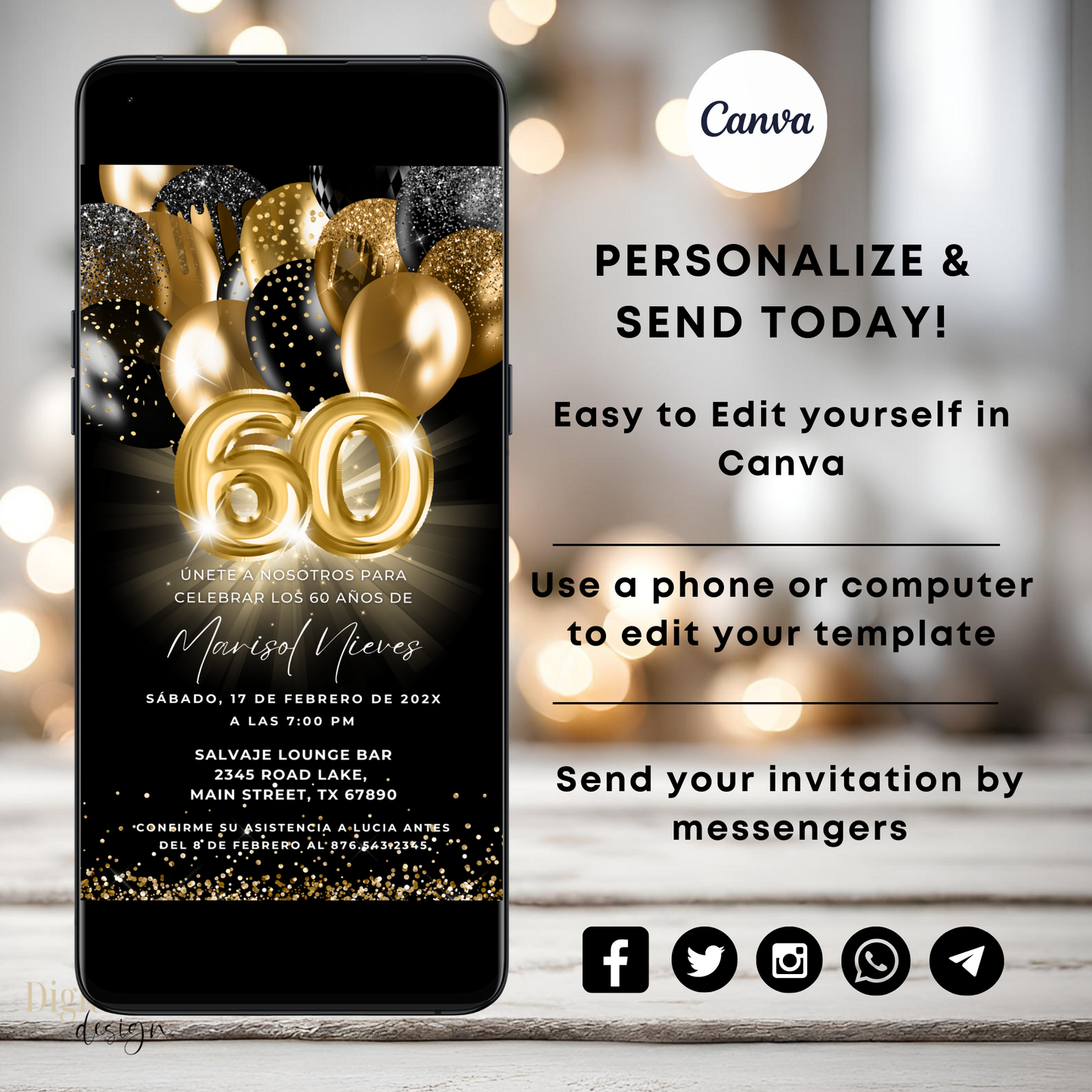 Spanish 60th Birthday Invitation on phone, black and gold design, easy to edit and send via Canva, perfect for celebrations.