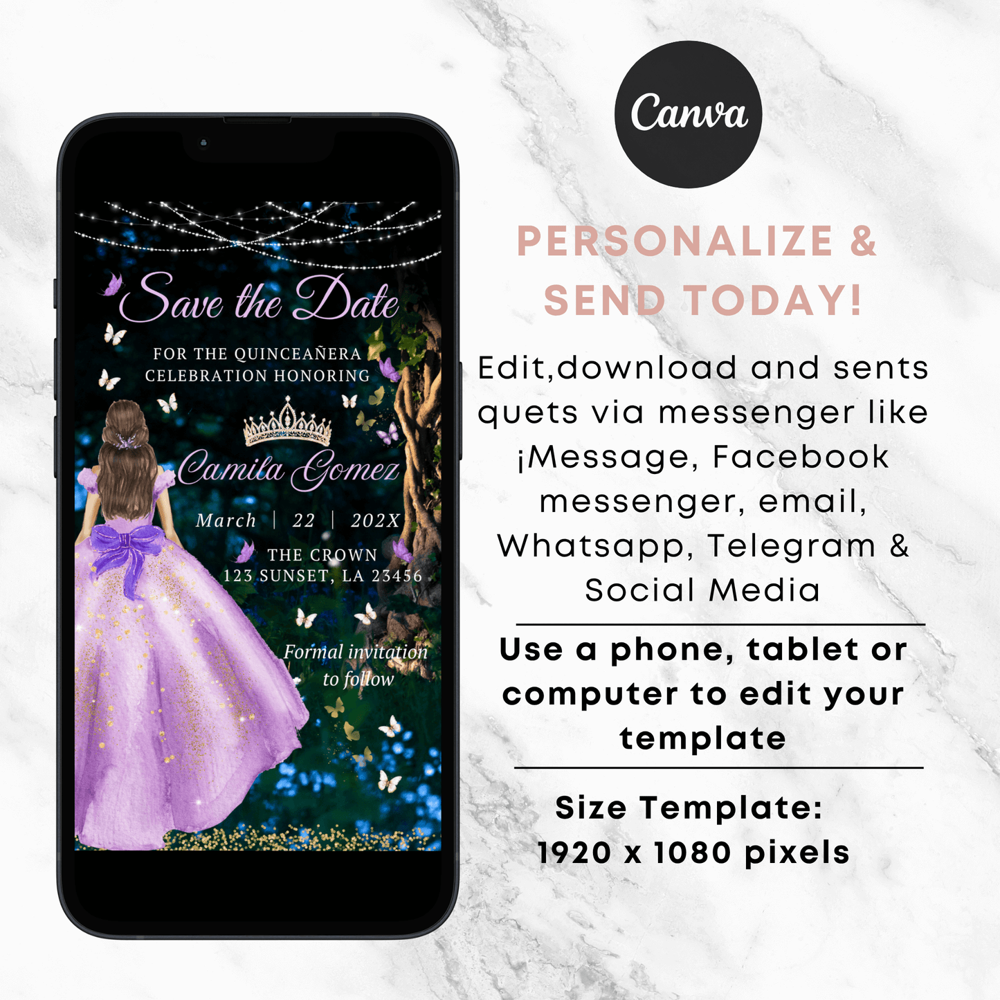 Digital Enchanted Forest Quinceañera save the date invitation, Purple Dress Princes Invite
