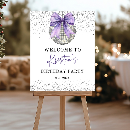 Chic Purple Coquette Bow and Disco Ball Welcome Sign