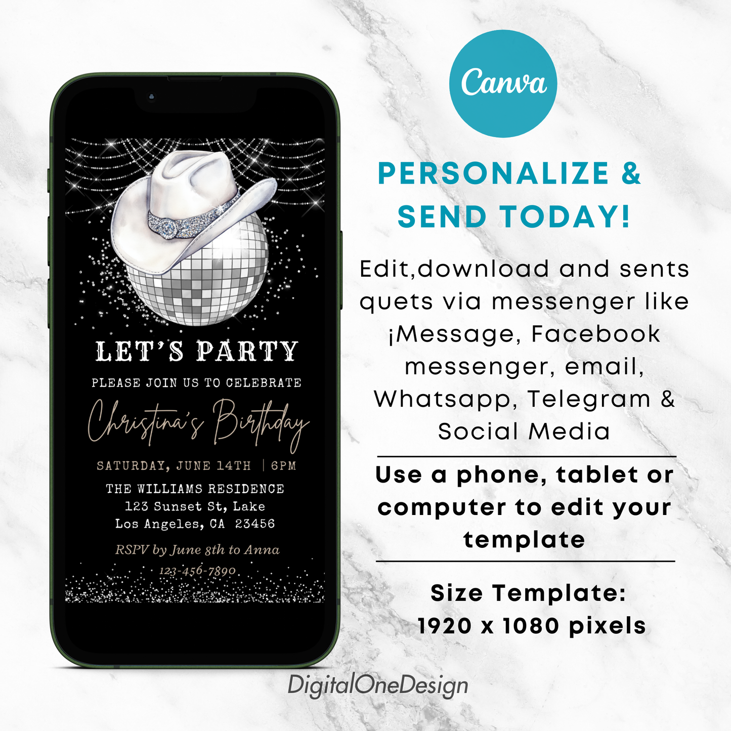Let's Party Western Hat & Silver Disco Ball Birthday Invite