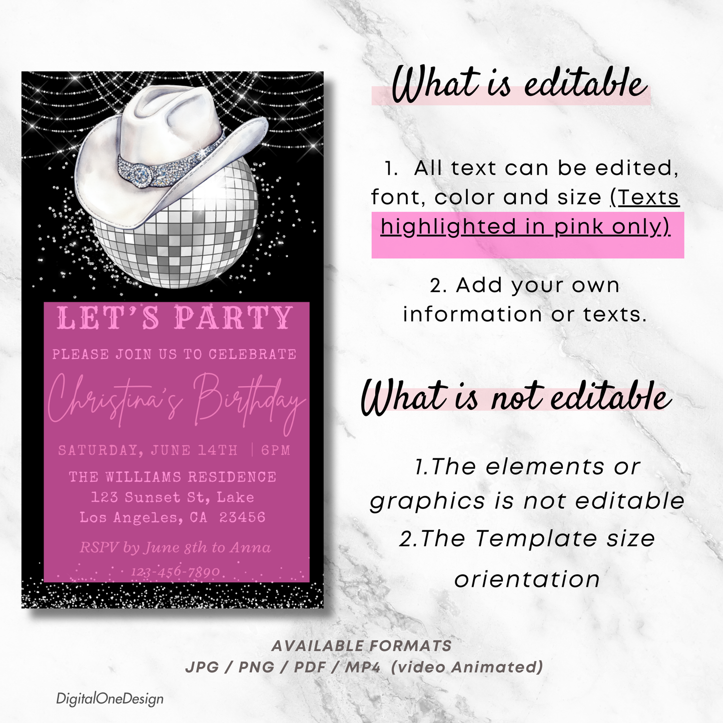 Let's Party Western Hat & Silver Disco Ball Birthday Invite